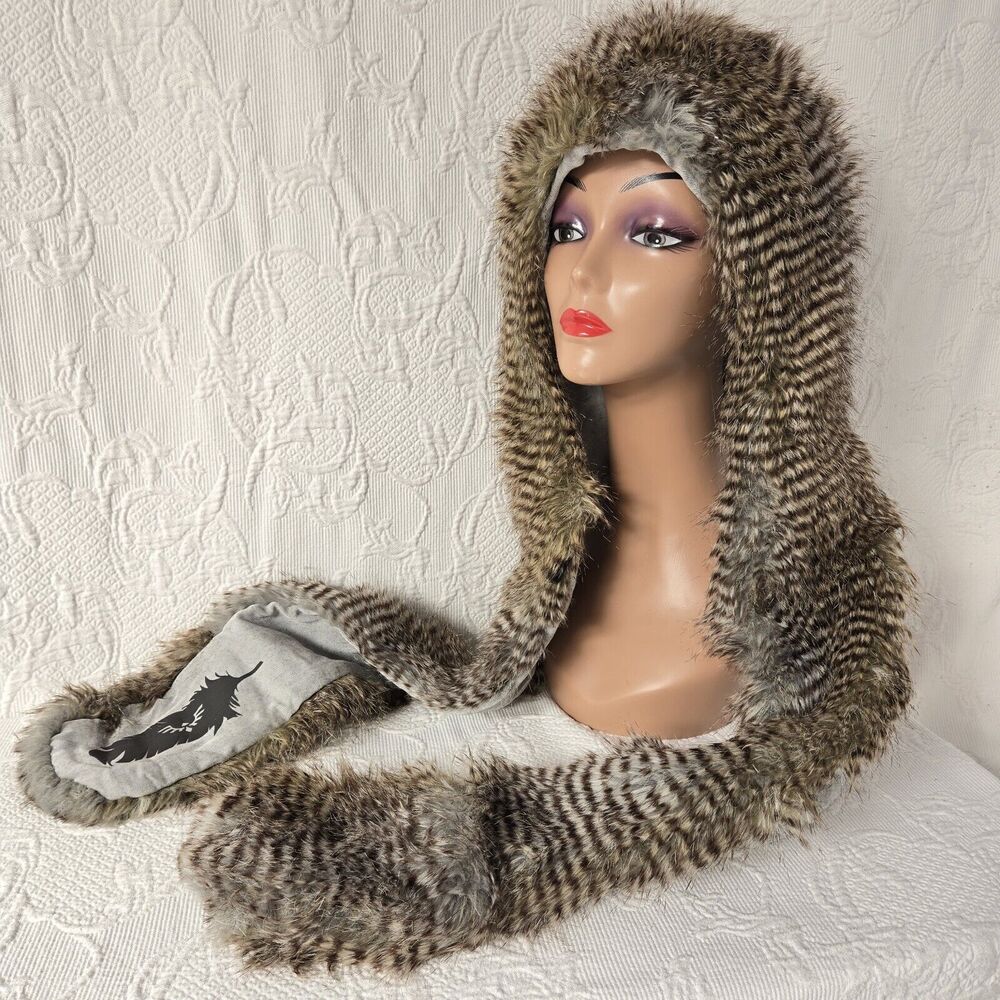 Spirithoods Furry Trapper Hat Scarf Owl Pockets Festival Faux Fur Native Feather
